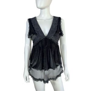 Women’s Velour &  Lace Sleeveless Plunging  V-Neck Open Back Top